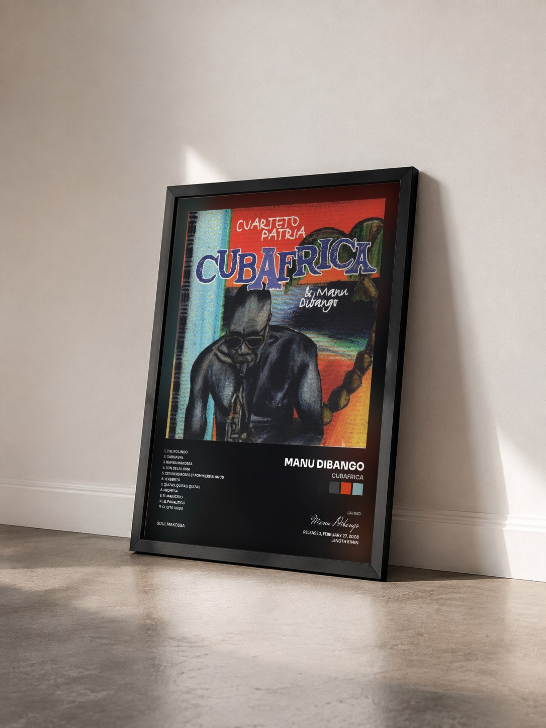 #noir Tableau de l'album Cubafrica de Manu Dibango vu de trois quarts, cadre noir