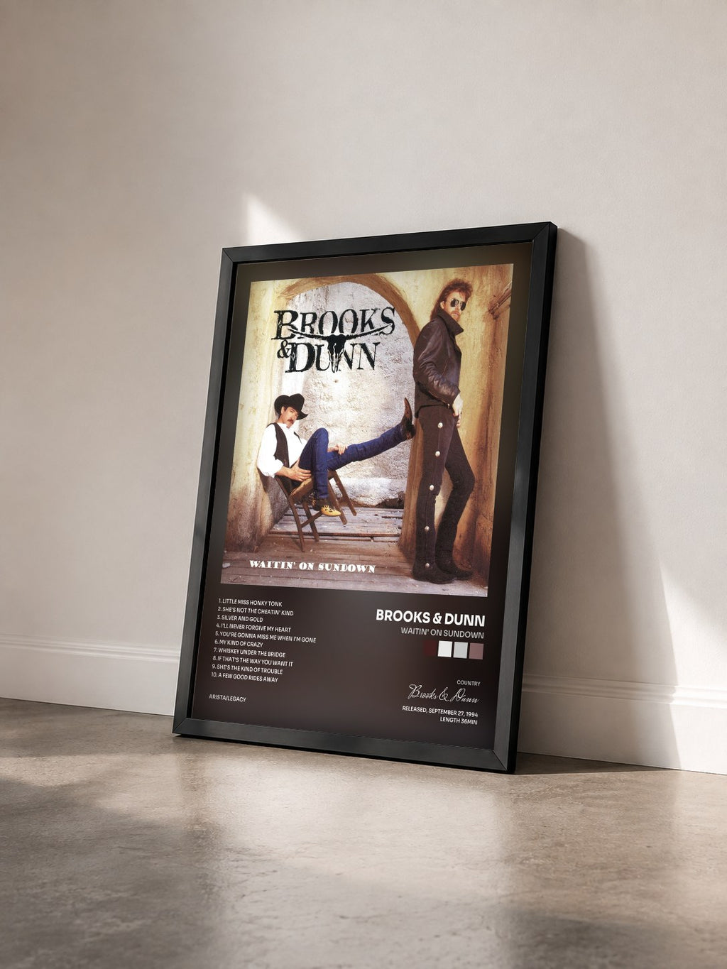 #noir Tableau de l'album Waitin' On Sundown de Brooks & Dunn vu de trois quarts, cadre noir