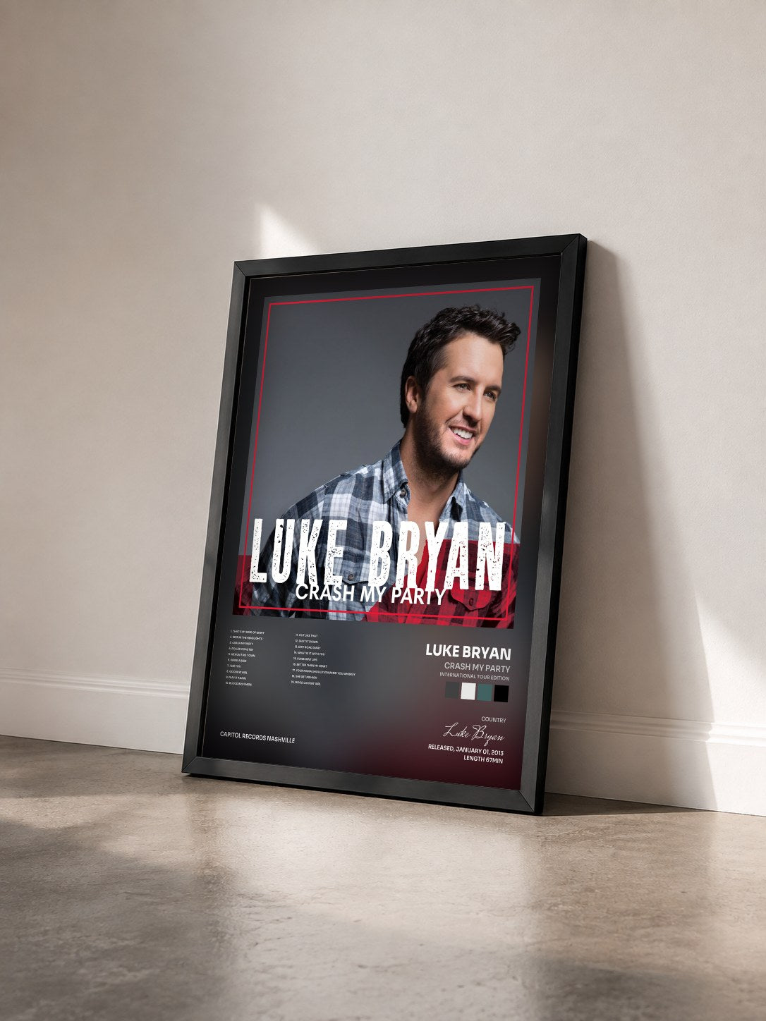 #noir Tableau de l'album Crash My Party (International Tour Edition) de Luke Bryan vu de trois quarts, cadre noir