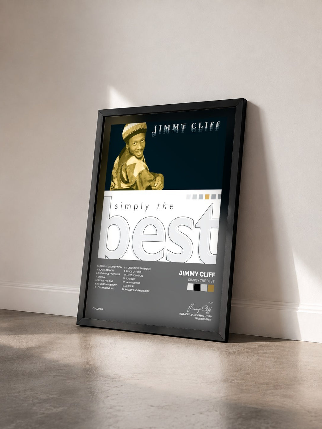 #noir Tableau de l'album Simply The Best de Jimmy Cliff vu de trois quarts, cadre noir