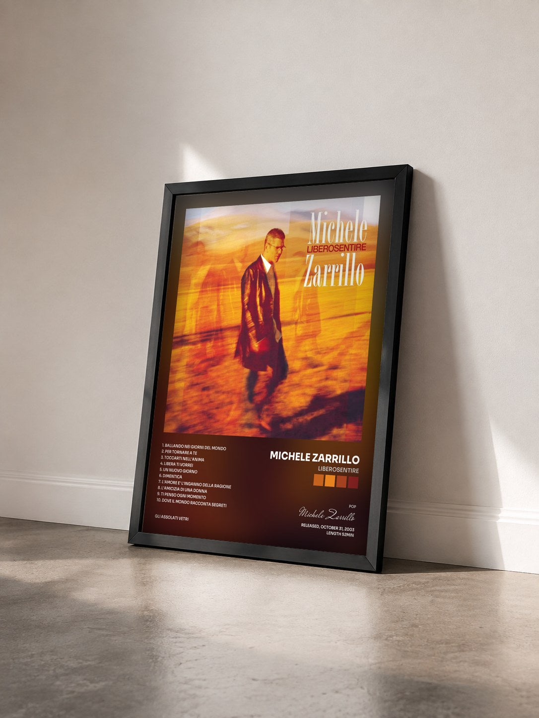 #noir Tableau de l'album LiberoSentire de Michele Zarrillo vu de trois quarts, cadre noir