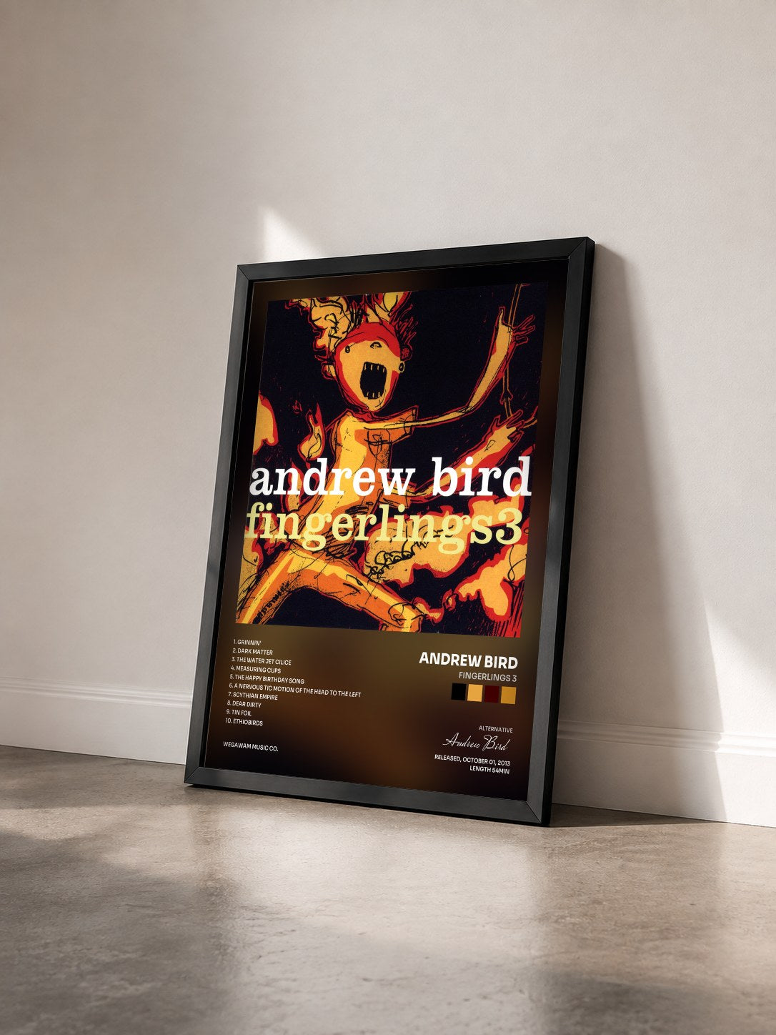 #noir Tableau de l'album Fingerlings 3 de Andrew Bird vu de trois quarts, cadre noir