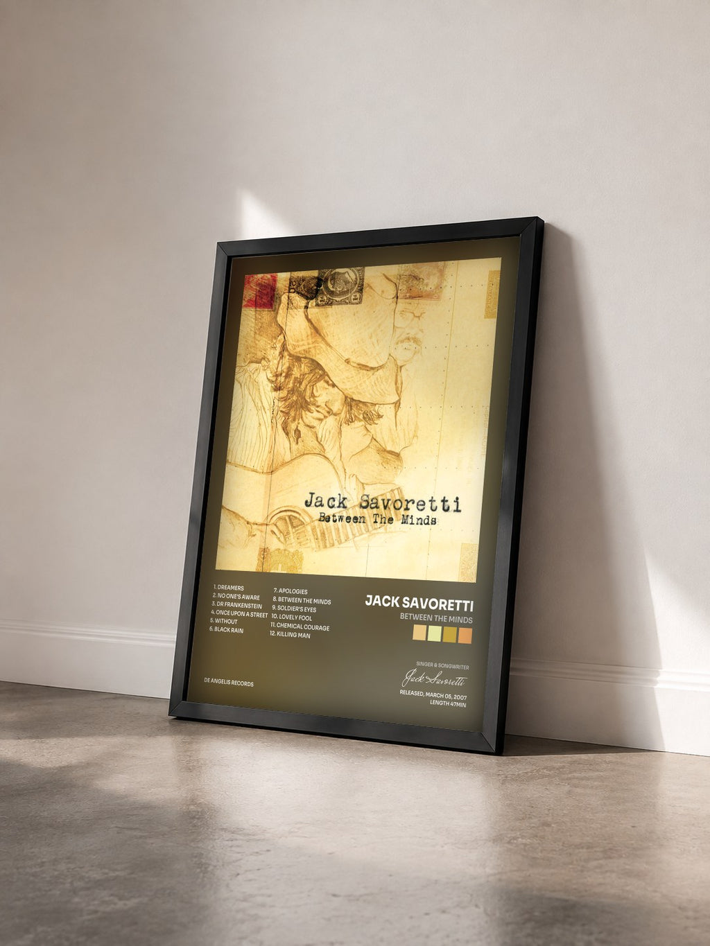#noir Tableau de l'album Between The Minds de Jack Savoretti vu de trois quarts, cadre noir