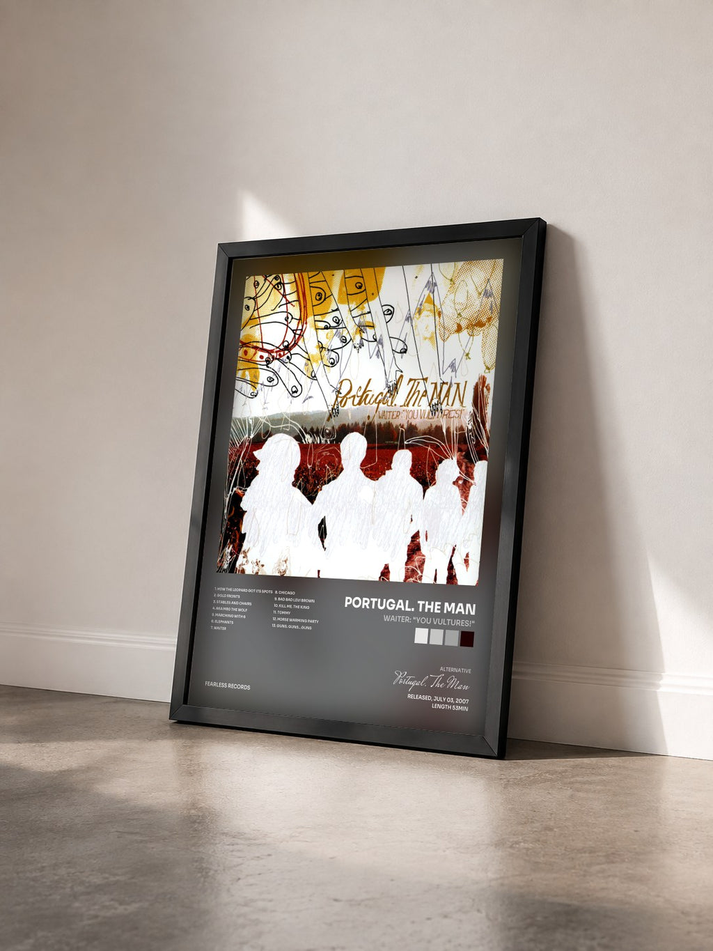 #noir Tableau de l'album Waiter: "You Vultures!" de Portugal. The Man vu de trois quarts, cadre noir
