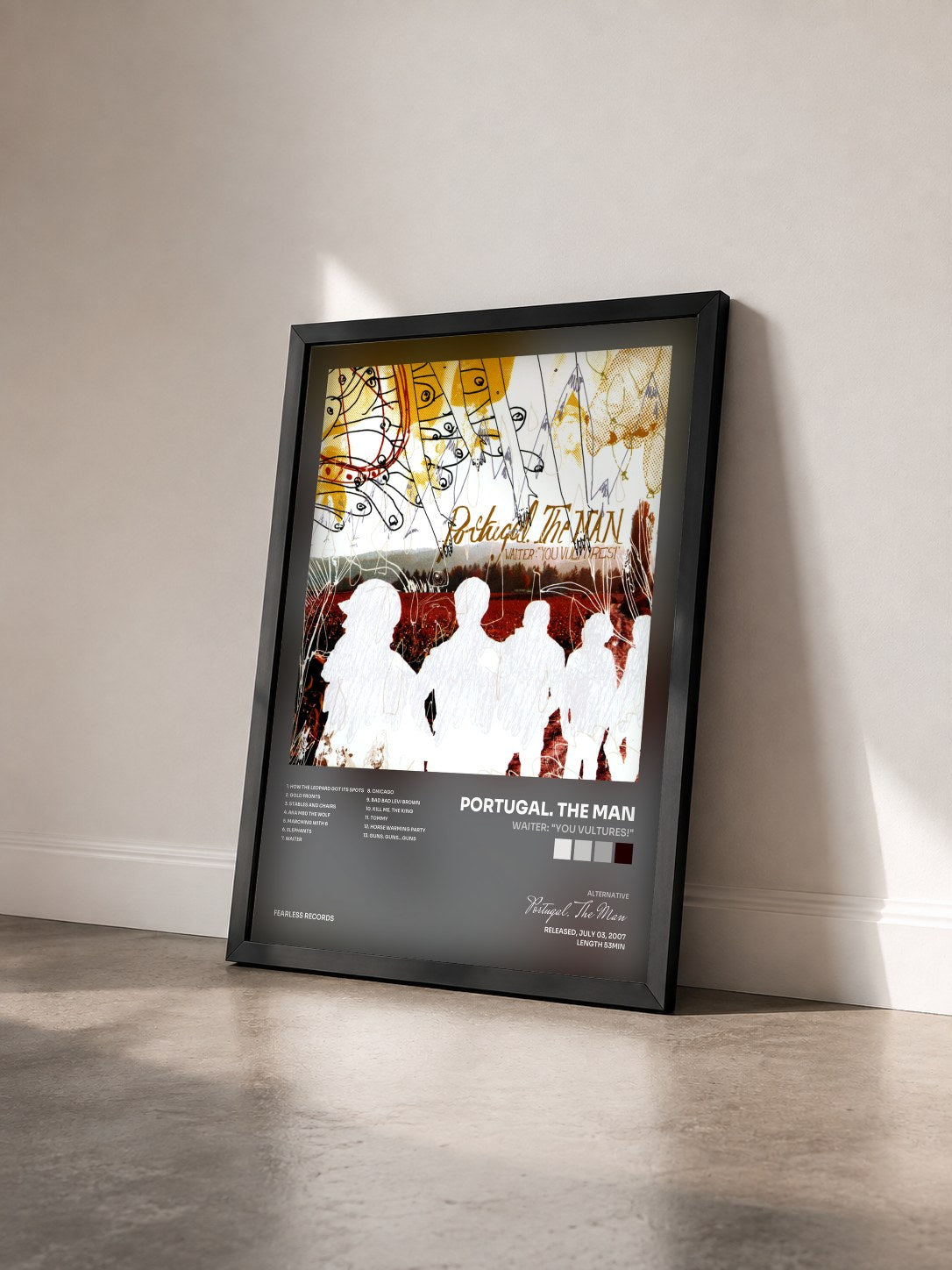 #noir Tableau de l'album Waiter: "You Vultures!" de Portugal. The Man vu de trois quarts, cadre noir