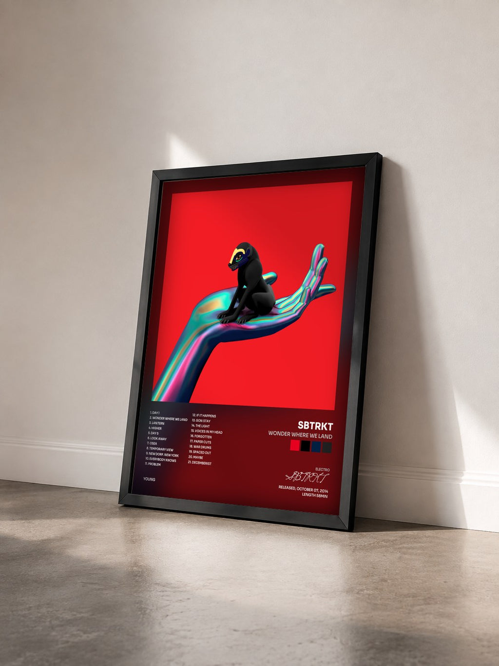 #noir Tableau de l'album Wonder Where We Land de SBTRKT vu de trois quarts, cadre noir