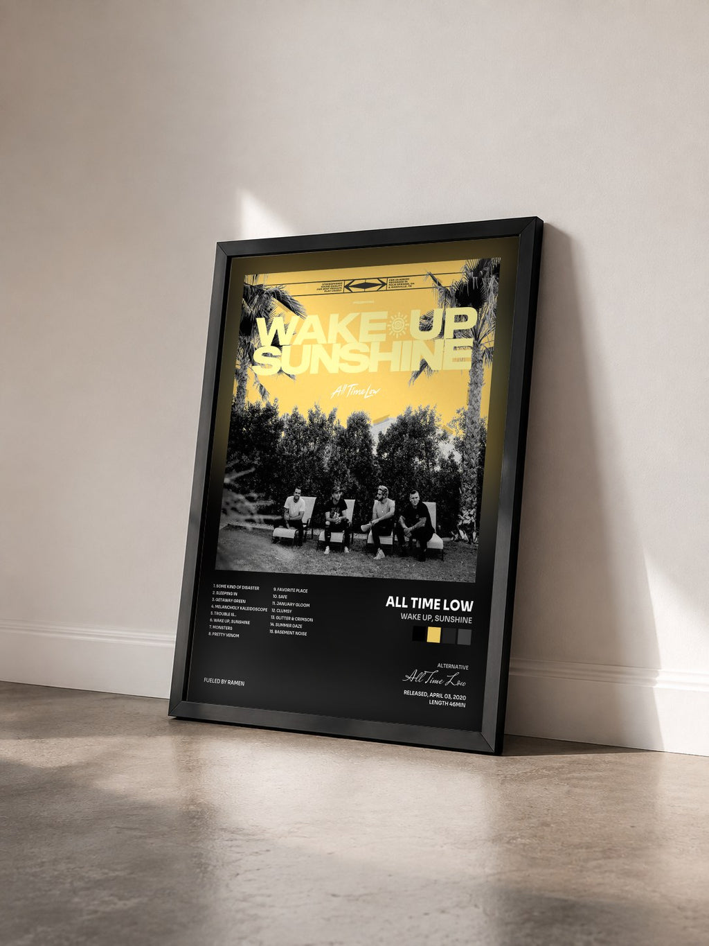#noir Tableau de l'album Wake Up, Sunshine de All Time Low vu de trois quarts, cadre noir