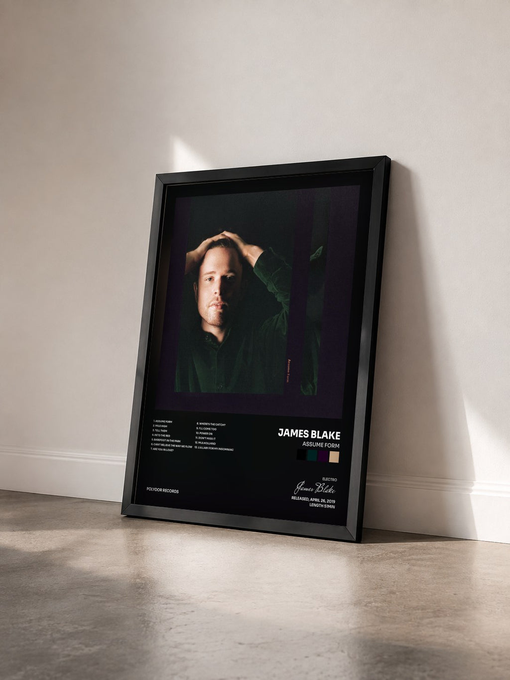 #noir Tableau de l'album Assume Form de James Blake vu de trois quarts, cadre noir