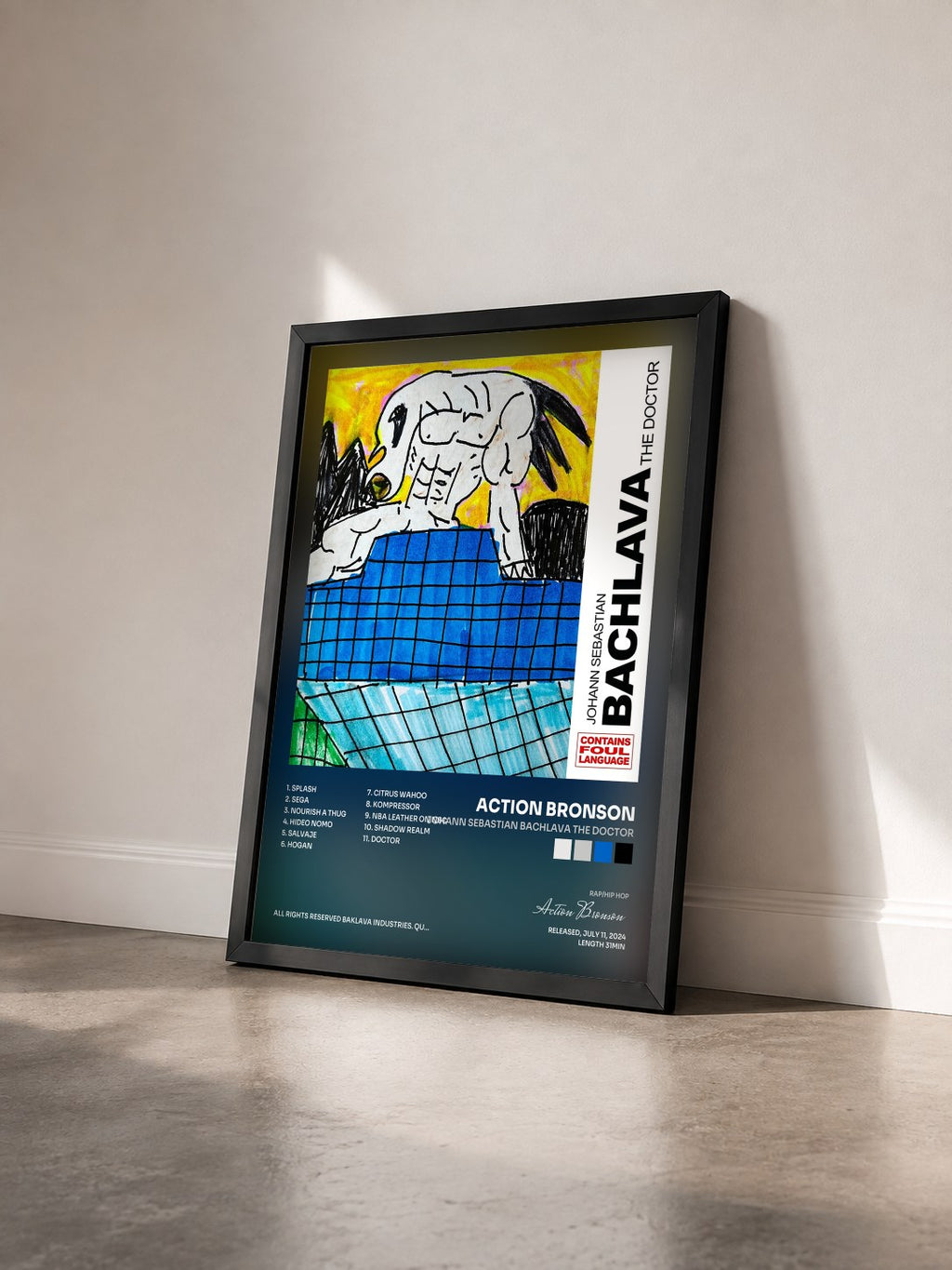 #noir Tableau de l'album JOHANN SEBASTIAN BACHLAVA THE DOCTOR de Action Bronson vu de trois quarts, cadre noir