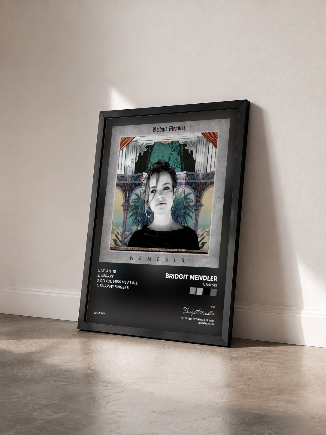 #noir Tableau de l'album Nemesis de Bridgit Mendler vu de trois quarts, cadre noir