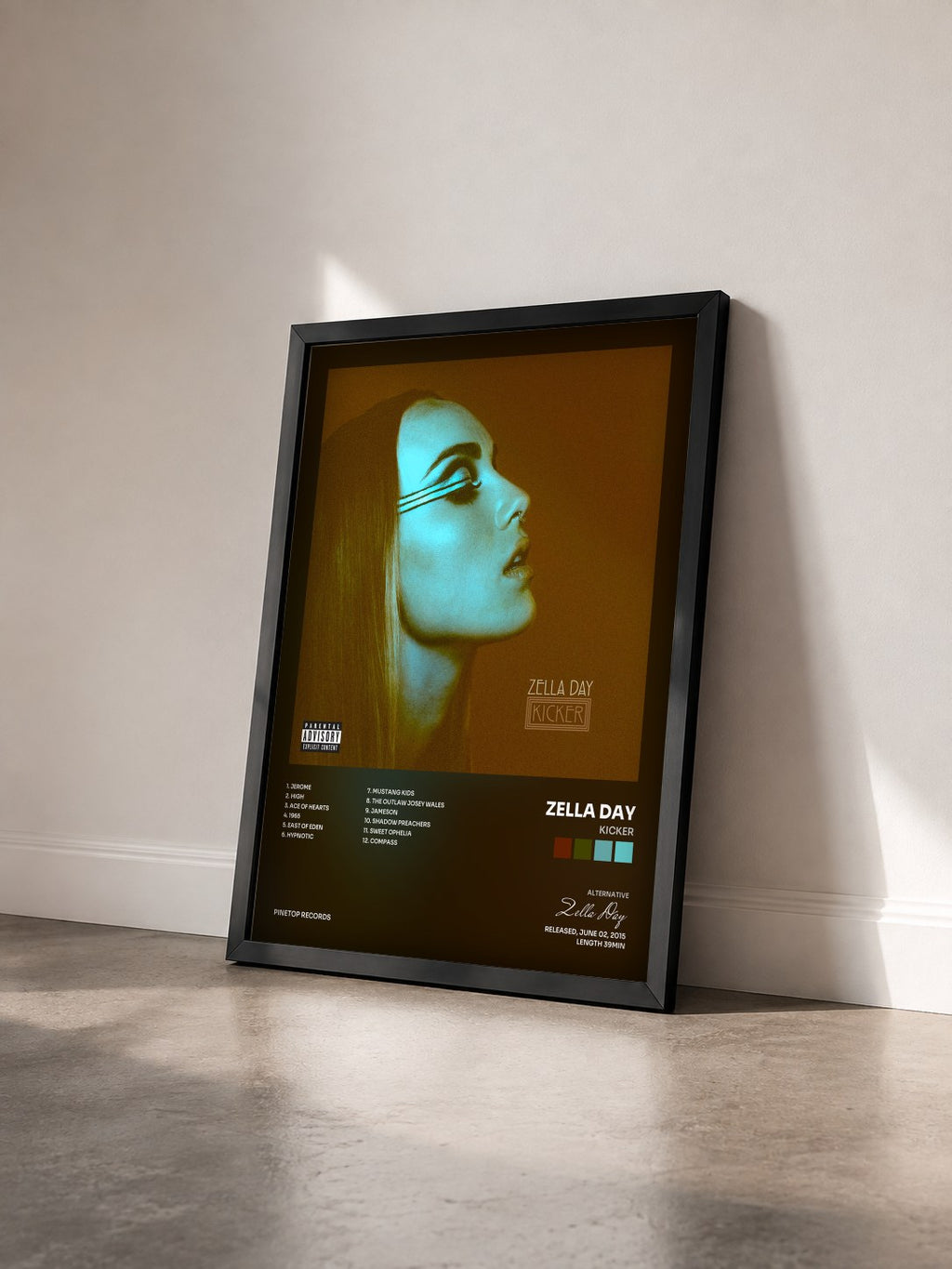 #noir Tableau de l'album Kicker de Zella Day vu de trois quarts, cadre noir