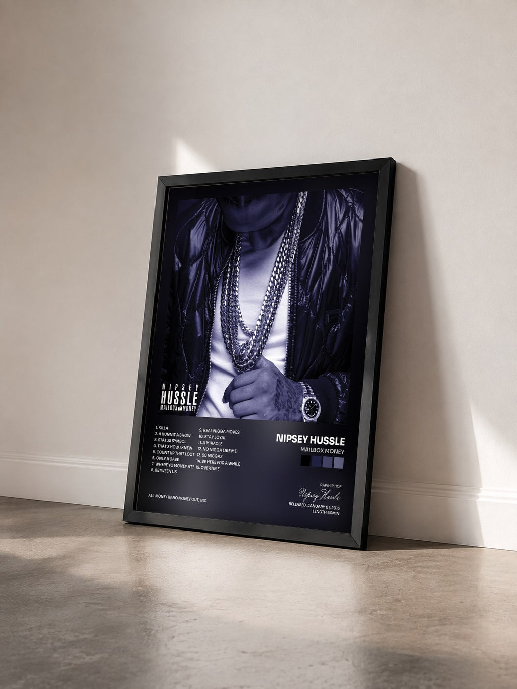 #noir Tableau de l'album Mailbox Money de Nipsey Hussle vu de trois quarts, cadre noir