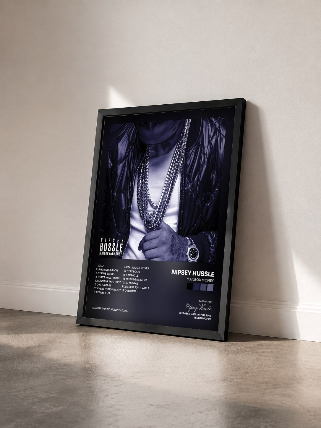 #noir Tableau de l'album Mailbox Money de Nipsey Hussle vu de trois quarts, cadre noir