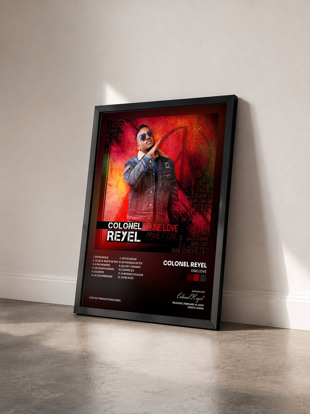 #noir Tableau de l'album One Love de Colonel Reyel vu de trois quarts, cadre noir