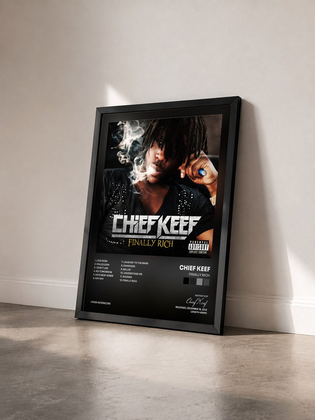 #noir Tableau de l'album Finally Rich de Chief Keef vu de trois quarts, cadre noir
