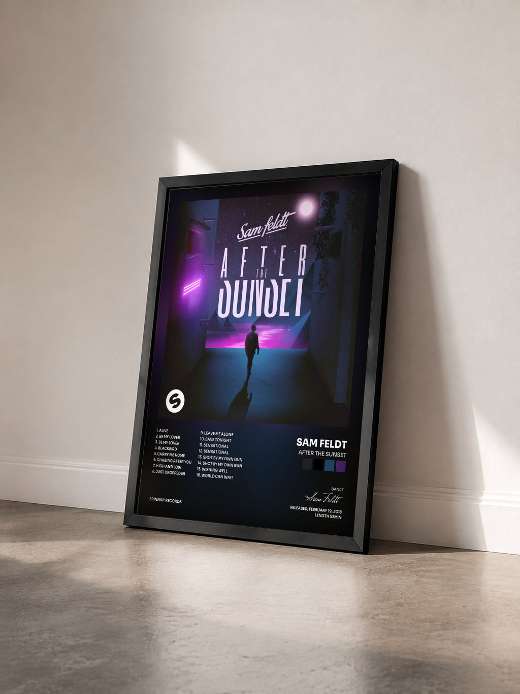 #noir Tableau de l'album After The Sunset de Sam Feldt vu de trois quarts, cadre noir