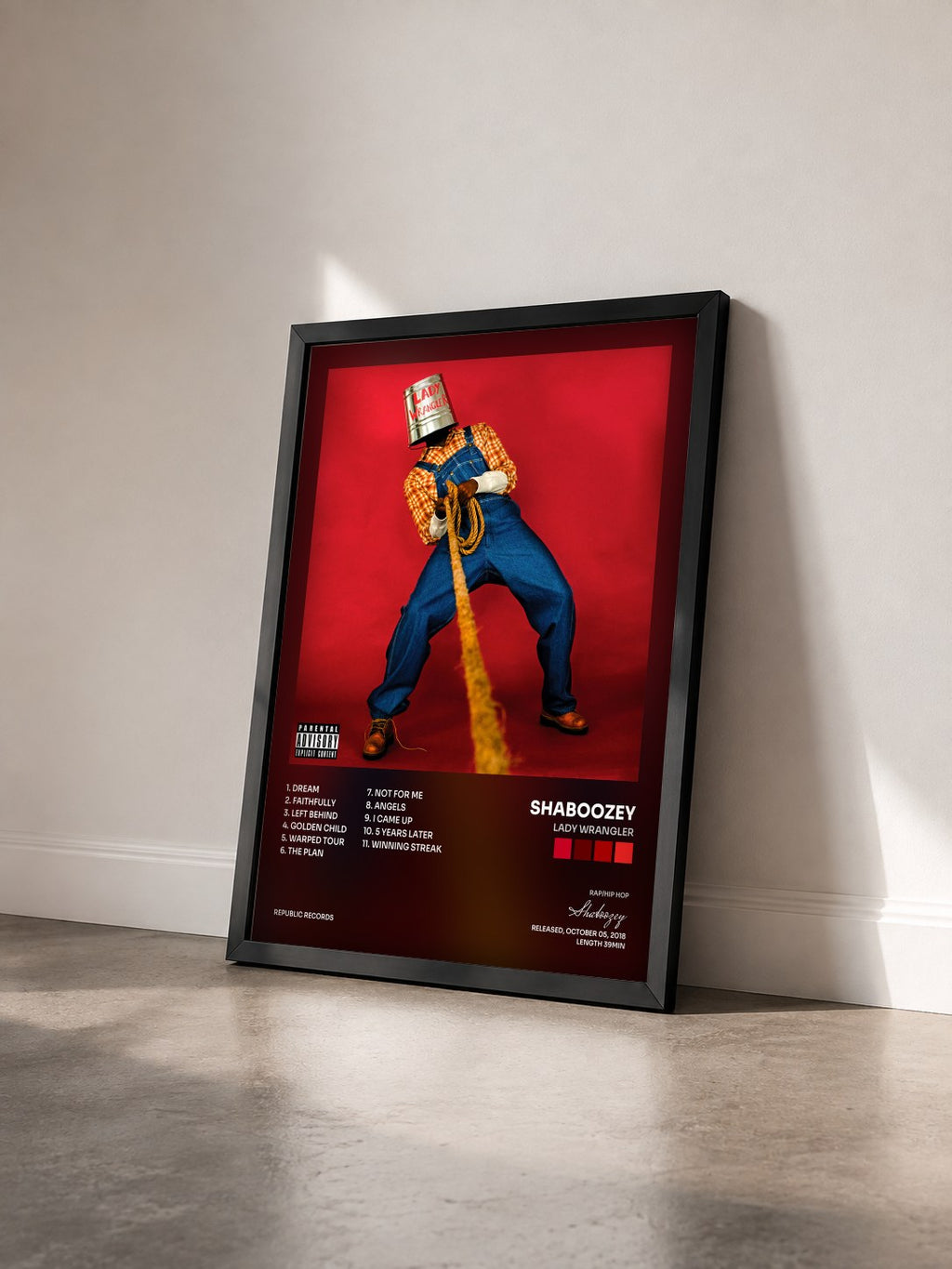 #noir Tableau de l'album Lady Wrangler de Shaboozey vu de trois quarts, cadre noir