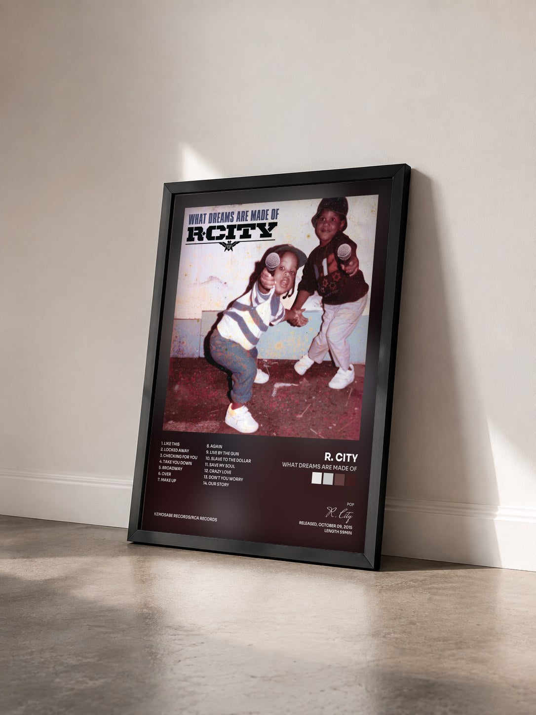 #noir Tableau de l'album What Dreams Are Made Of de R. City vu de trois quarts, cadre noir
