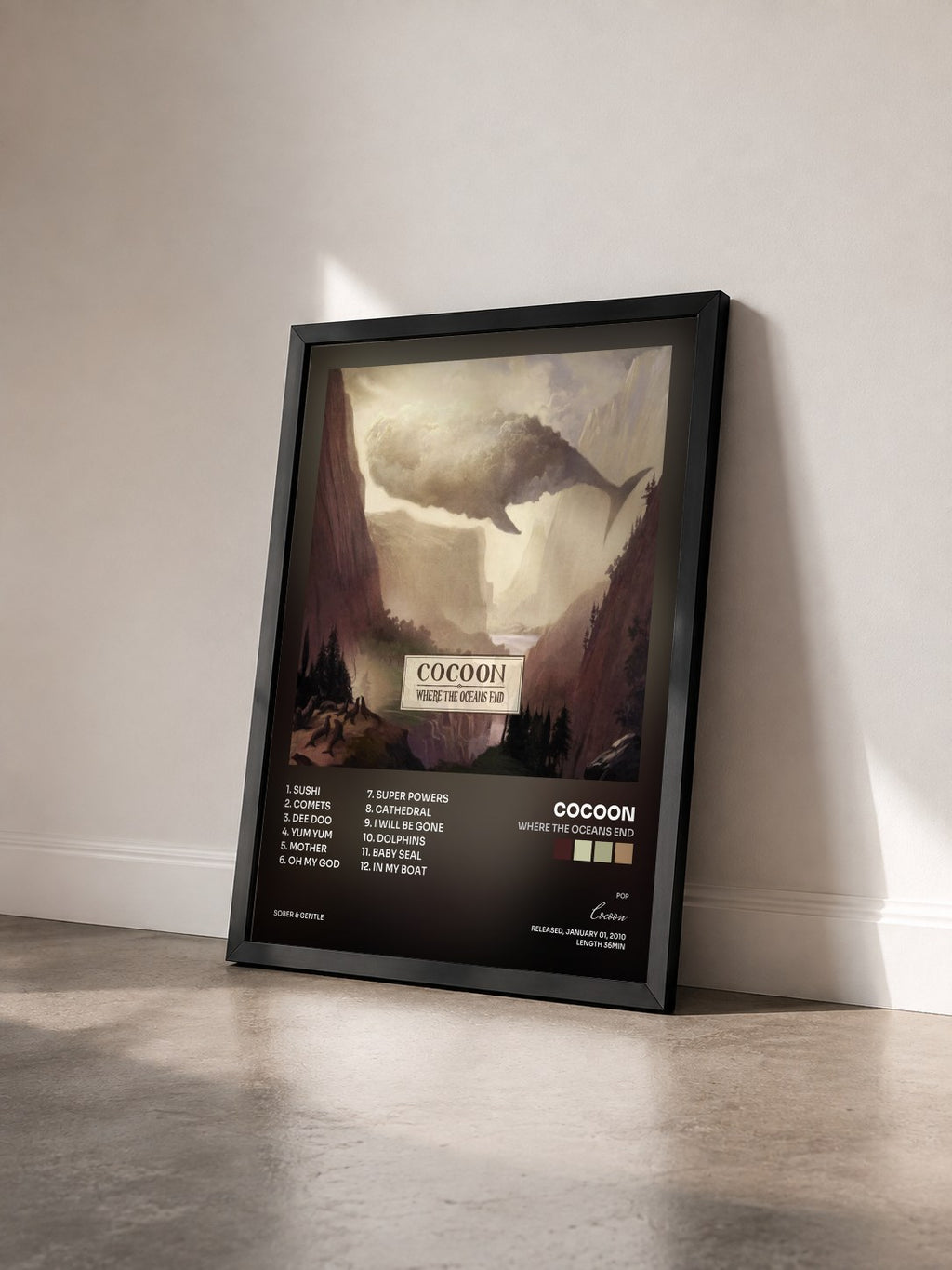 #noir Tableau de l'album Where The Oceans End de Cocoon vu de trois quarts, cadre noir
