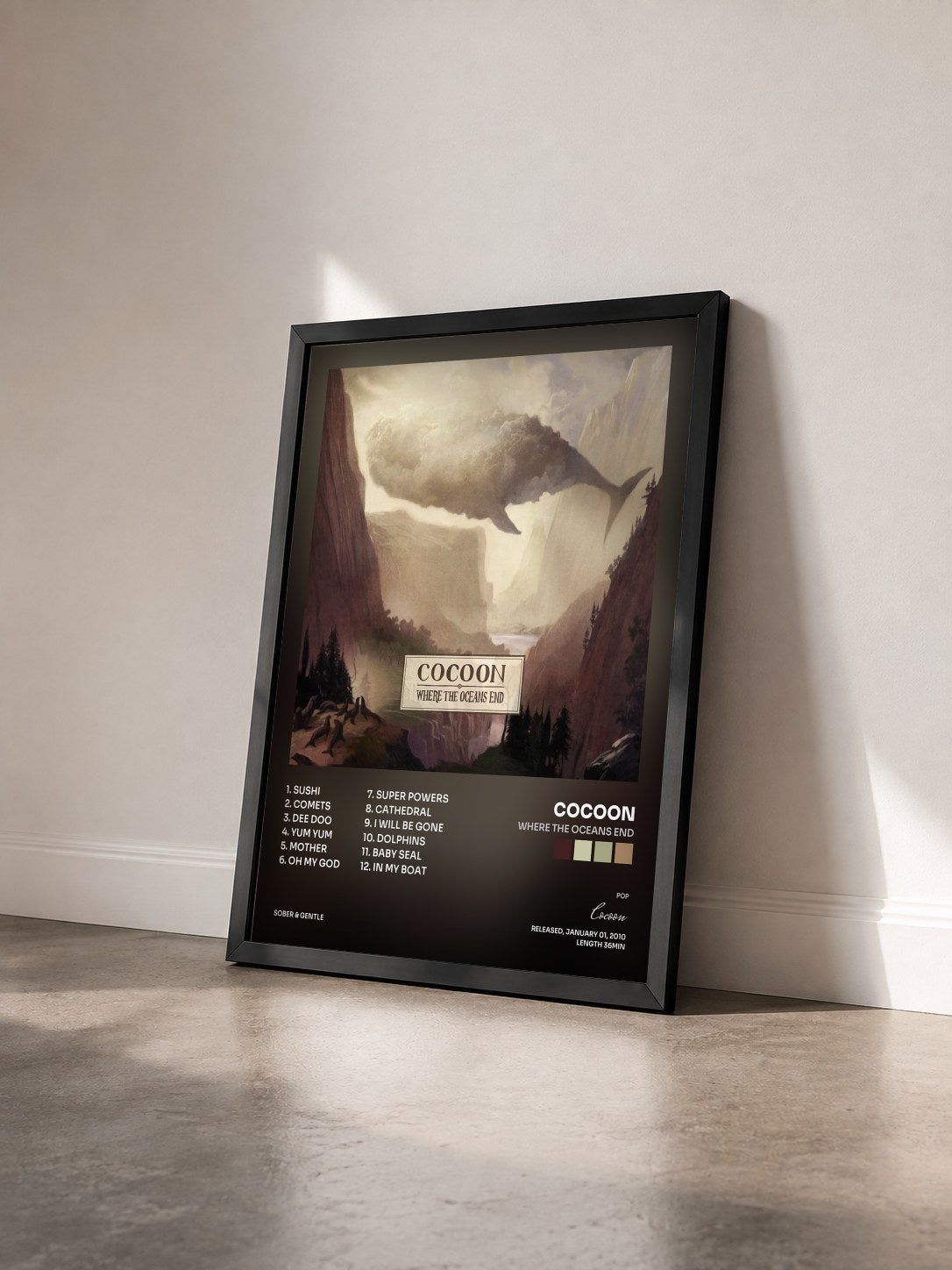 #noir Tableau de l'album Where The Oceans End de Cocoon vu de trois quarts, cadre noir