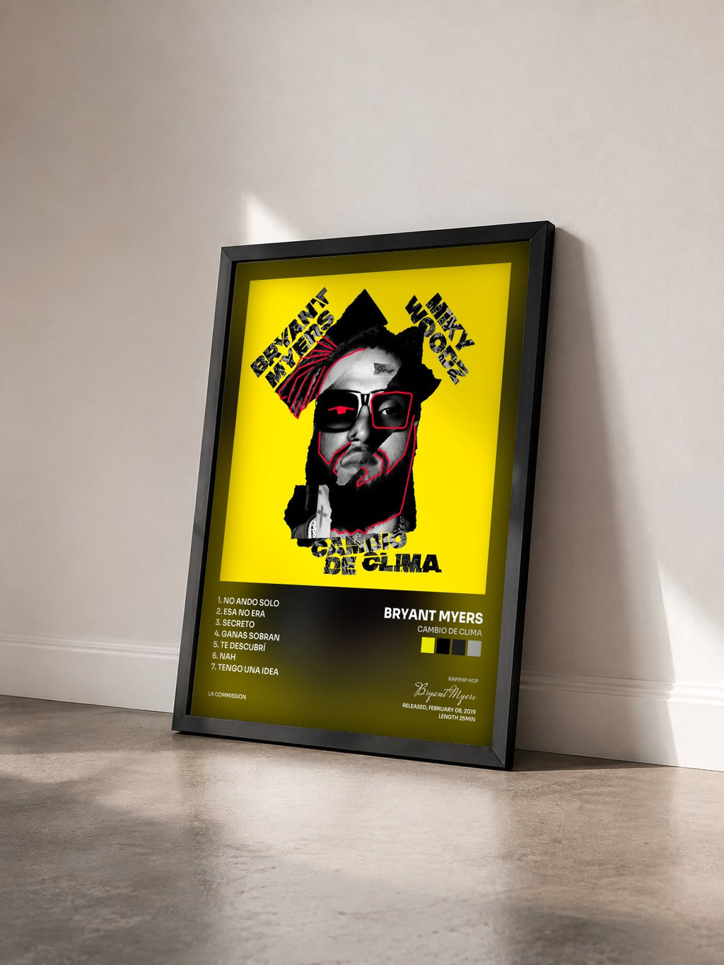 #noir Tableau de l'album Cambio de Clima de Bryant Myers vu de trois quarts, cadre noir
