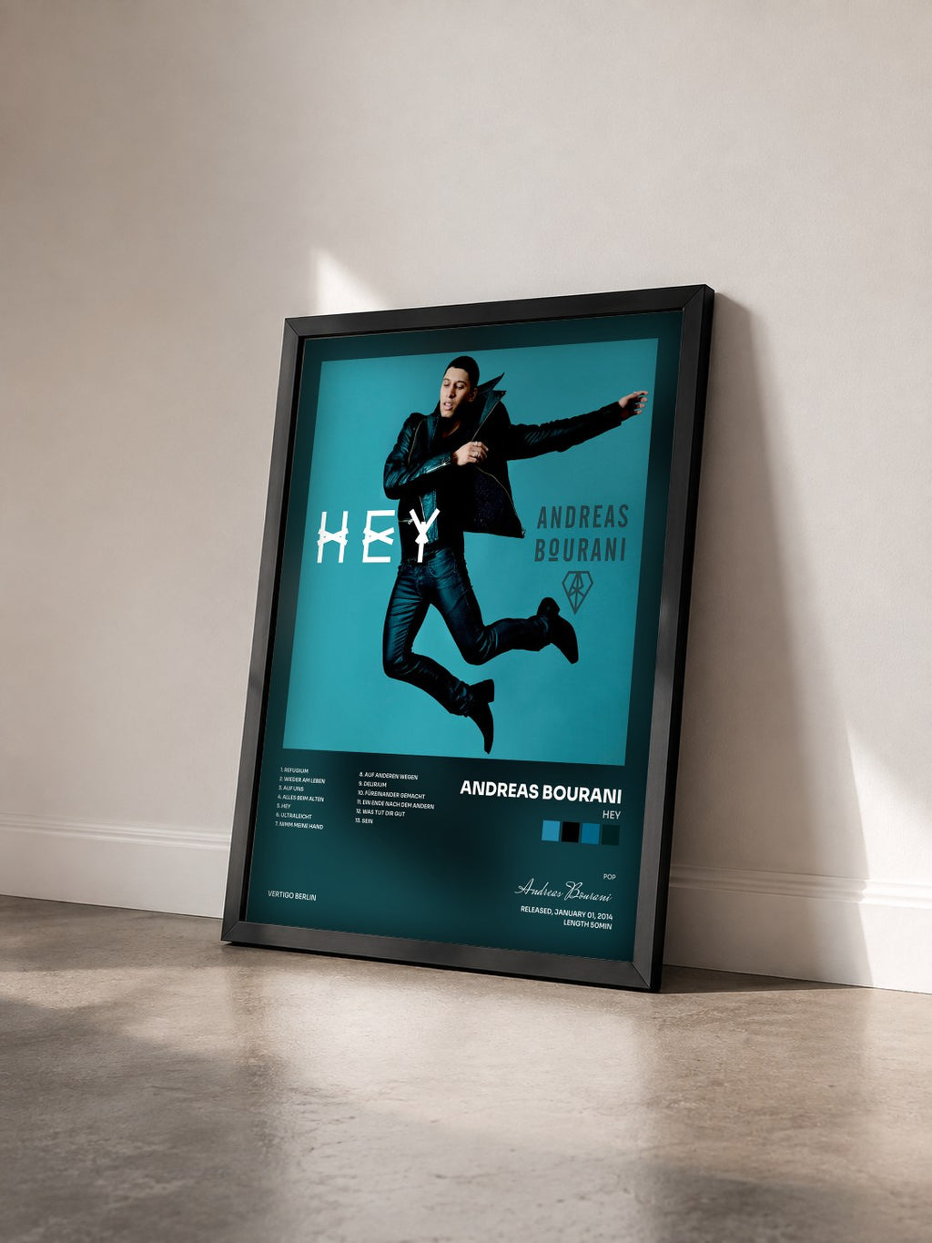 #noir Tableau de l'album Hey de Andreas Bourani vu de trois quarts, cadre noir