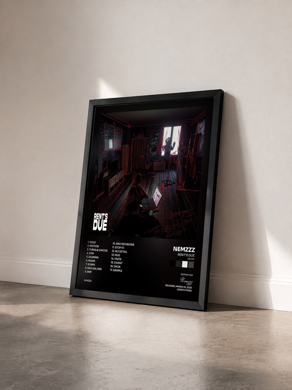 #noir Tableau de l'album RENT'S DUE (DELUXE) de Nemzzz vu de trois quarts, cadre noir