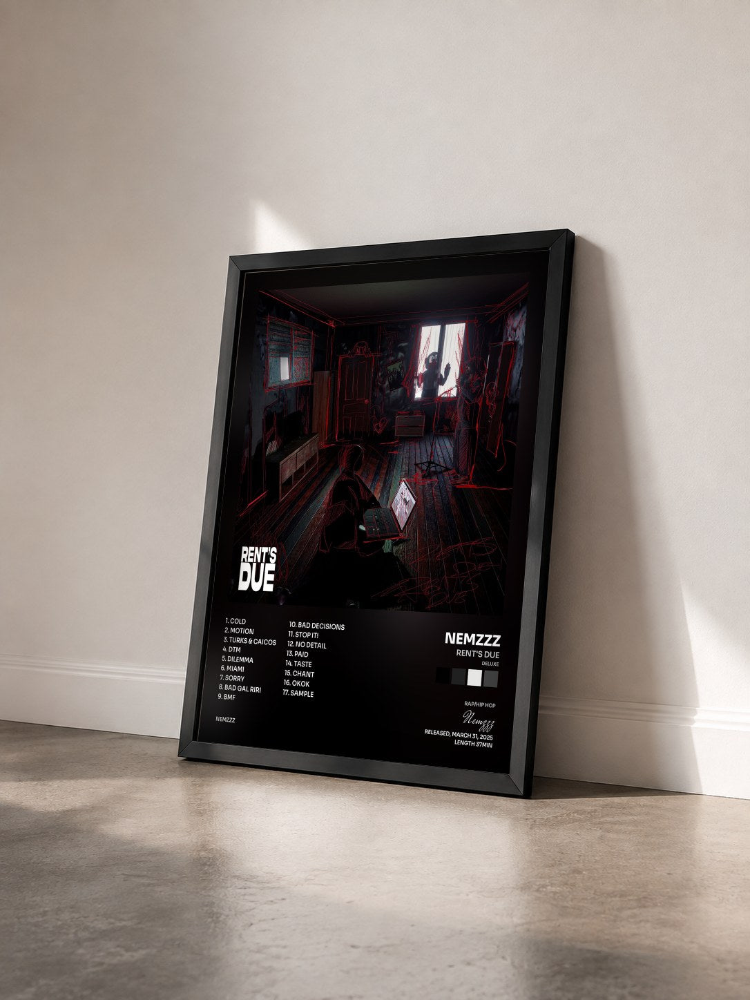 #noir Tableau de l'album RENT'S DUE (DELUXE) de Nemzzz vu de trois quarts, cadre noir