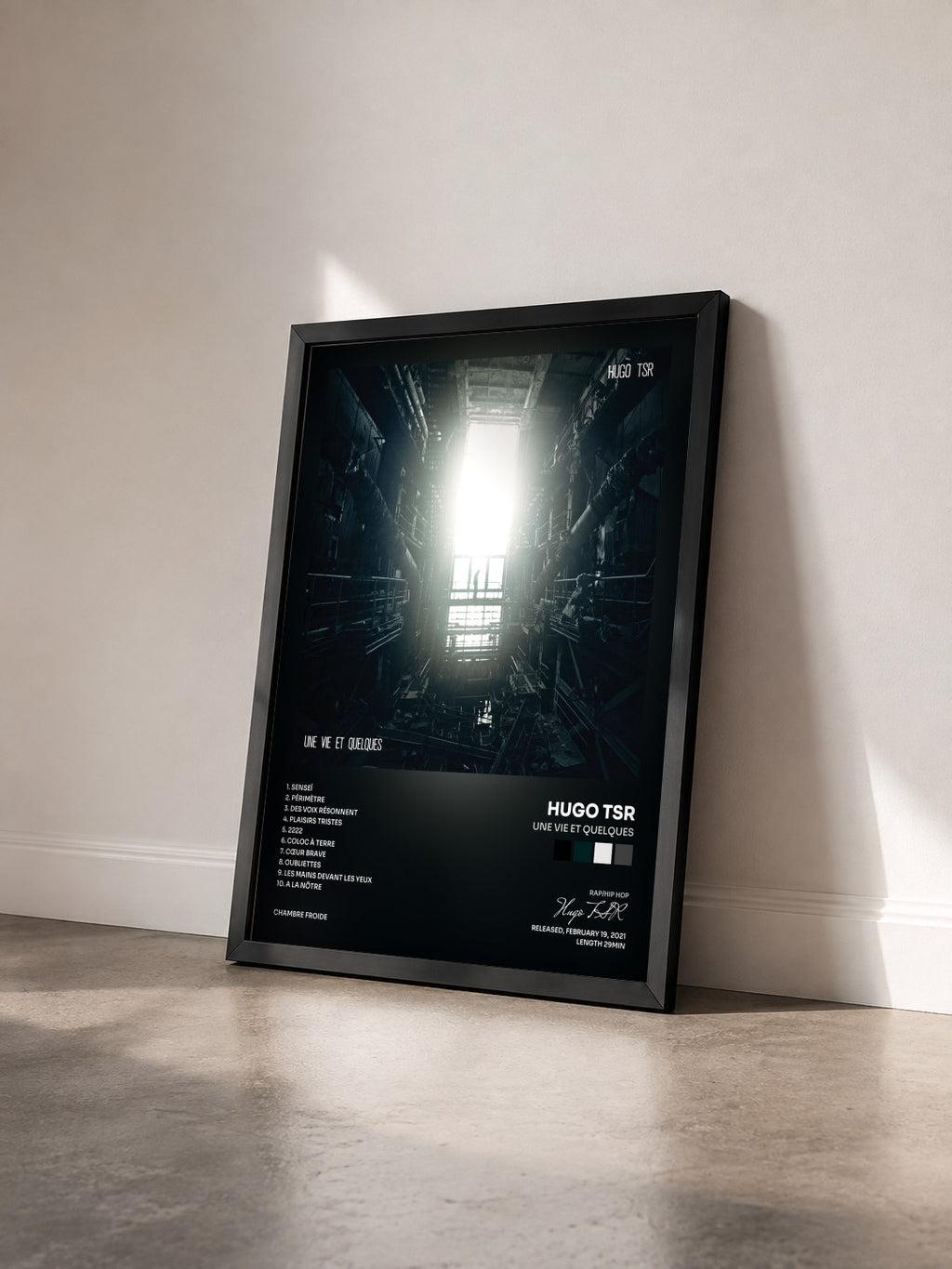 #noir Tableau de l'album Une vie et quelques de Hugo TSR vu de trois quarts, cadre noir