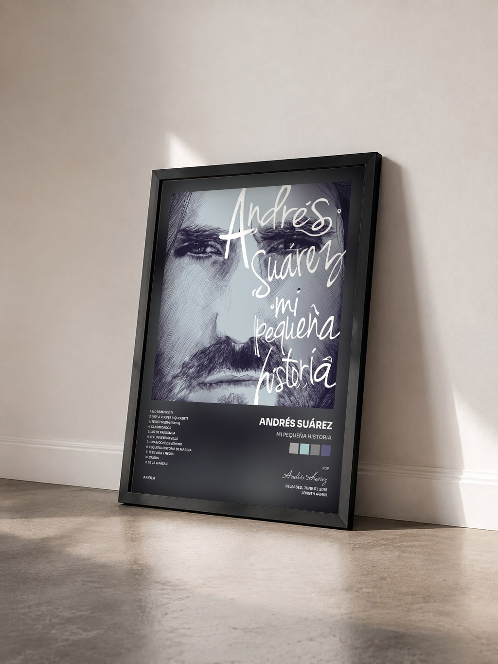 #noir Tableau de l'album Mi Pequeña Historia de Andrés Suárez vu de trois quarts, cadre noir