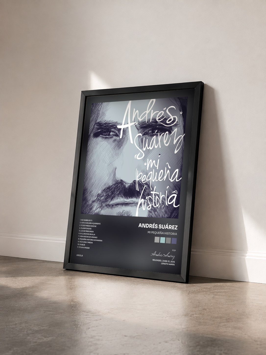 #noir Tableau de l'album Mi Pequeña Historia de Andrés Suárez vu de trois quarts, cadre noir