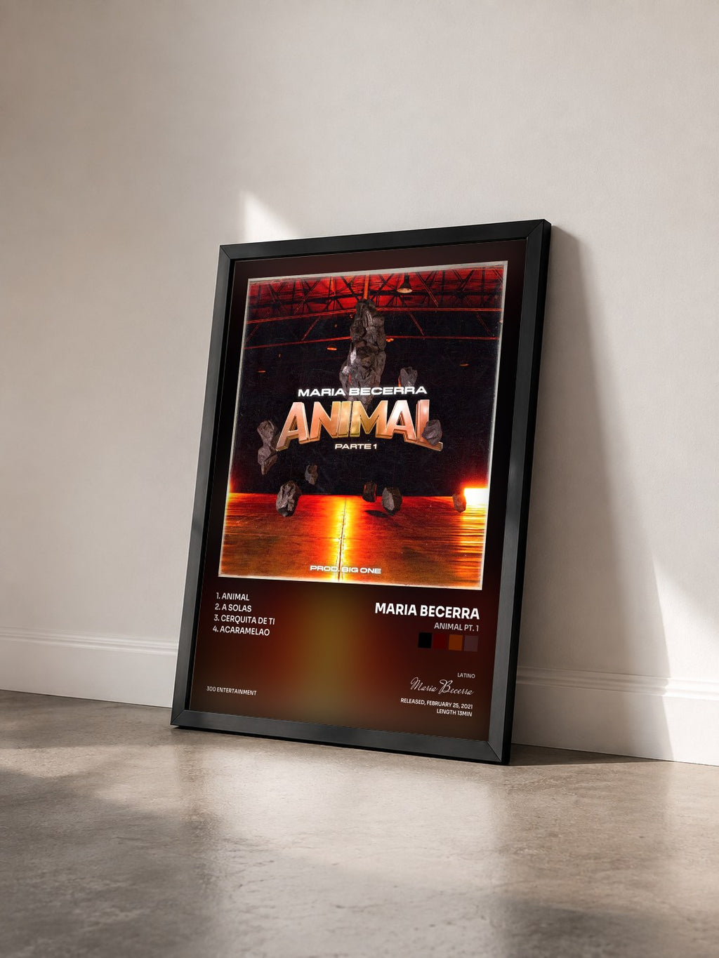 #noir Tableau de l'album Animal Pt. 1 de Maria Becerra vu de trois quarts, cadre noir