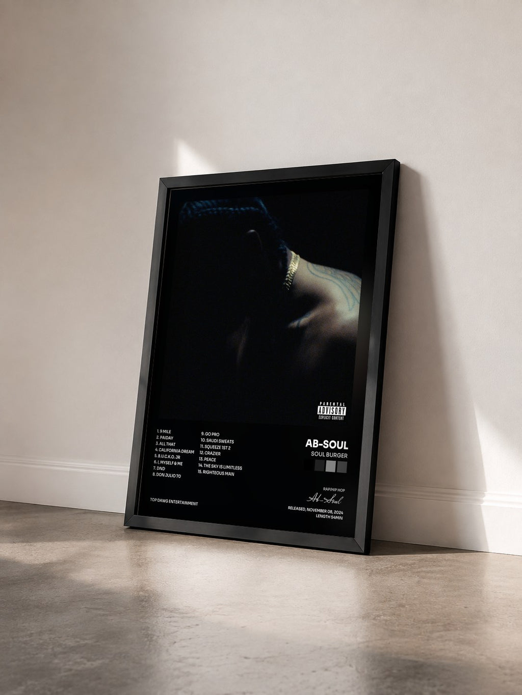 #noir Tableau de l'album Soul Burger de Ab-Soul vu de trois quarts, cadre noir