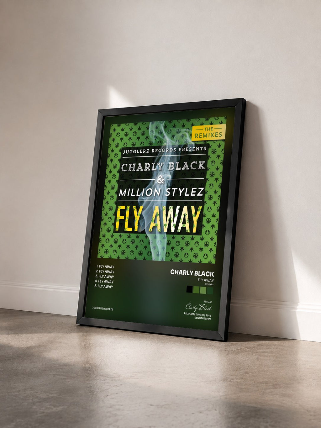 #noir Tableau de l'album Fly Away (Remixes) de Charly Black vu de trois quarts, cadre noir