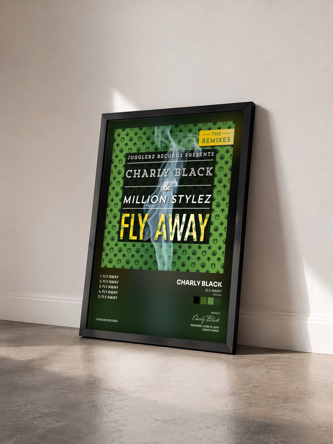 #noir Tableau de l'album Fly Away (Remixes) de Charly Black vu de trois quarts, cadre noir