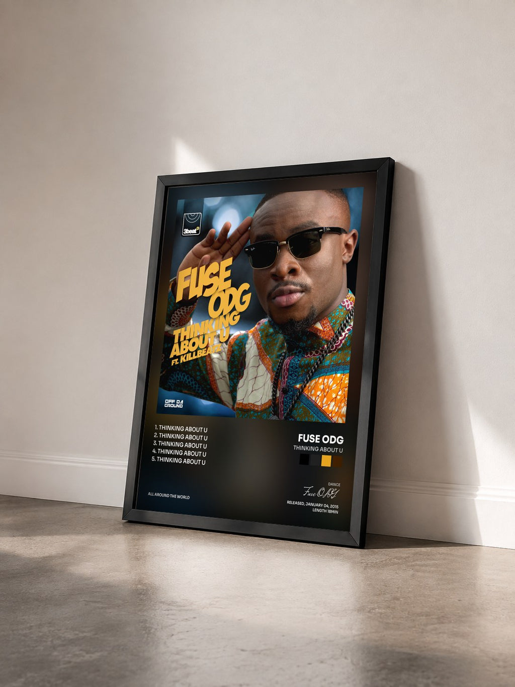 #noir Tableau de l'album Thinking About U de Fuse ODG vu de trois quarts, cadre noir