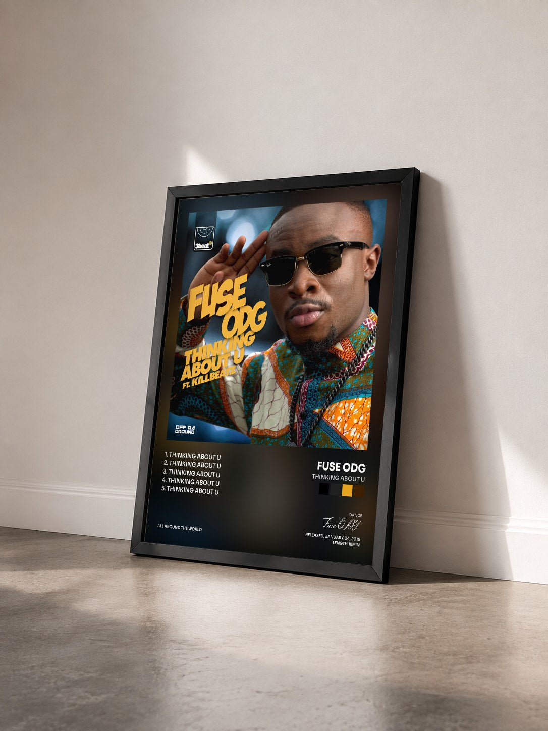 #noir Tableau de l'album Thinking About U de Fuse ODG vu de trois quarts, cadre noir