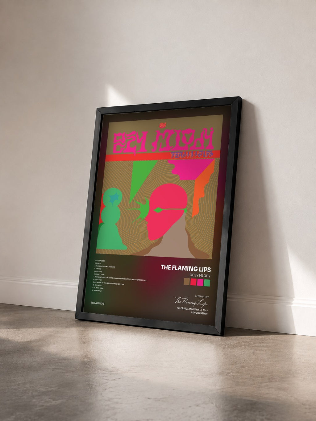 #noir Tableau de l'album Oczy Mlody de The Flaming Lips vu de trois quarts, cadre noir