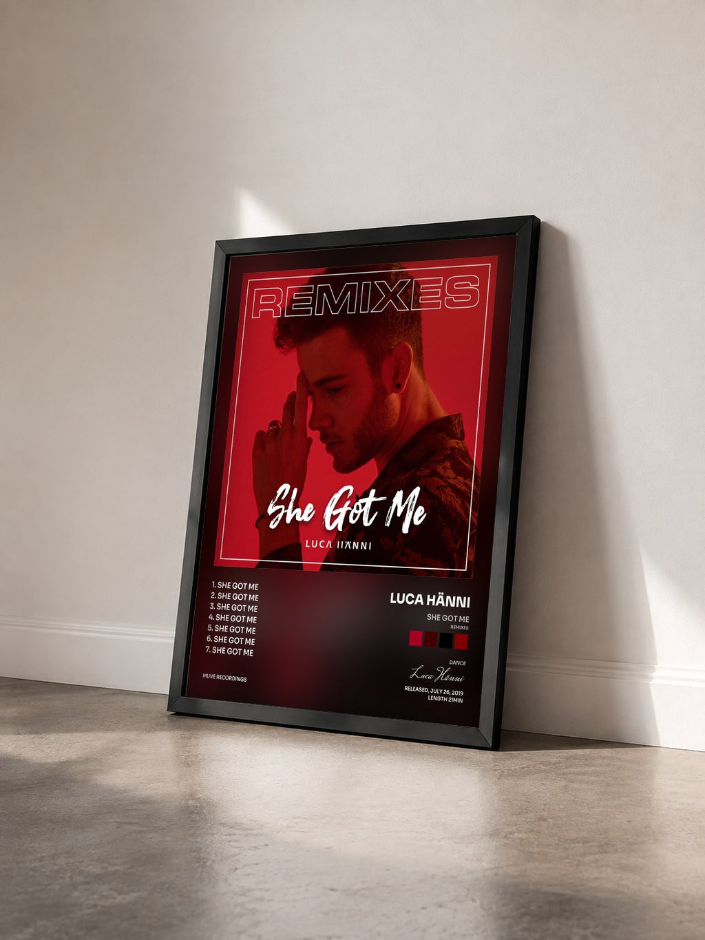 #noir Tableau de l'album She Got Me (Remixes) de Luca Hänni vu de trois quarts, cadre noir