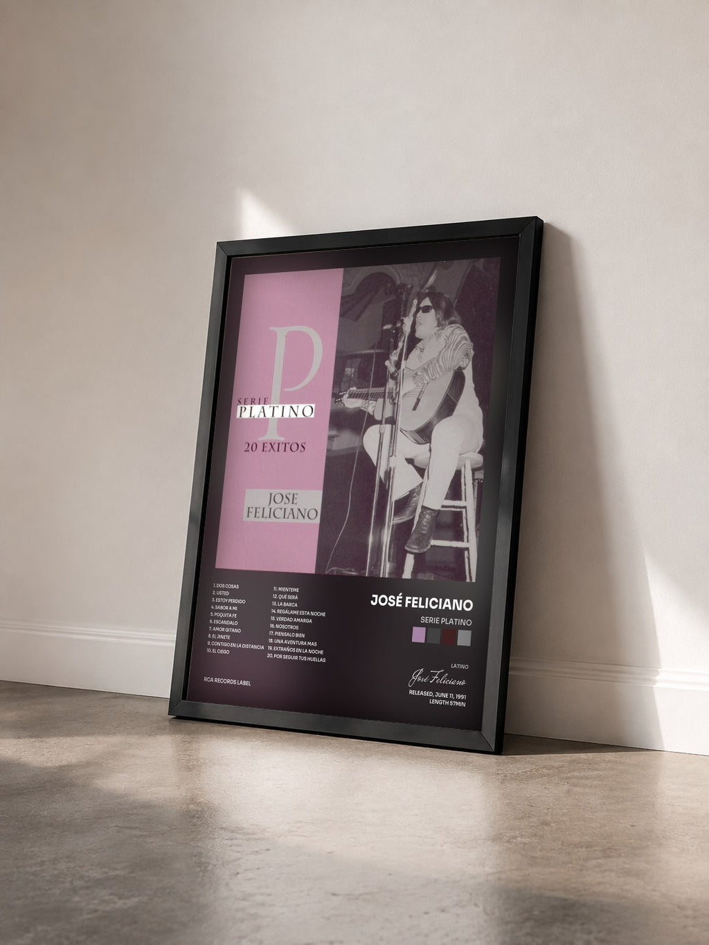 #noir Tableau de l'album Serie Platino de José Feliciano vu de trois quarts, cadre noir