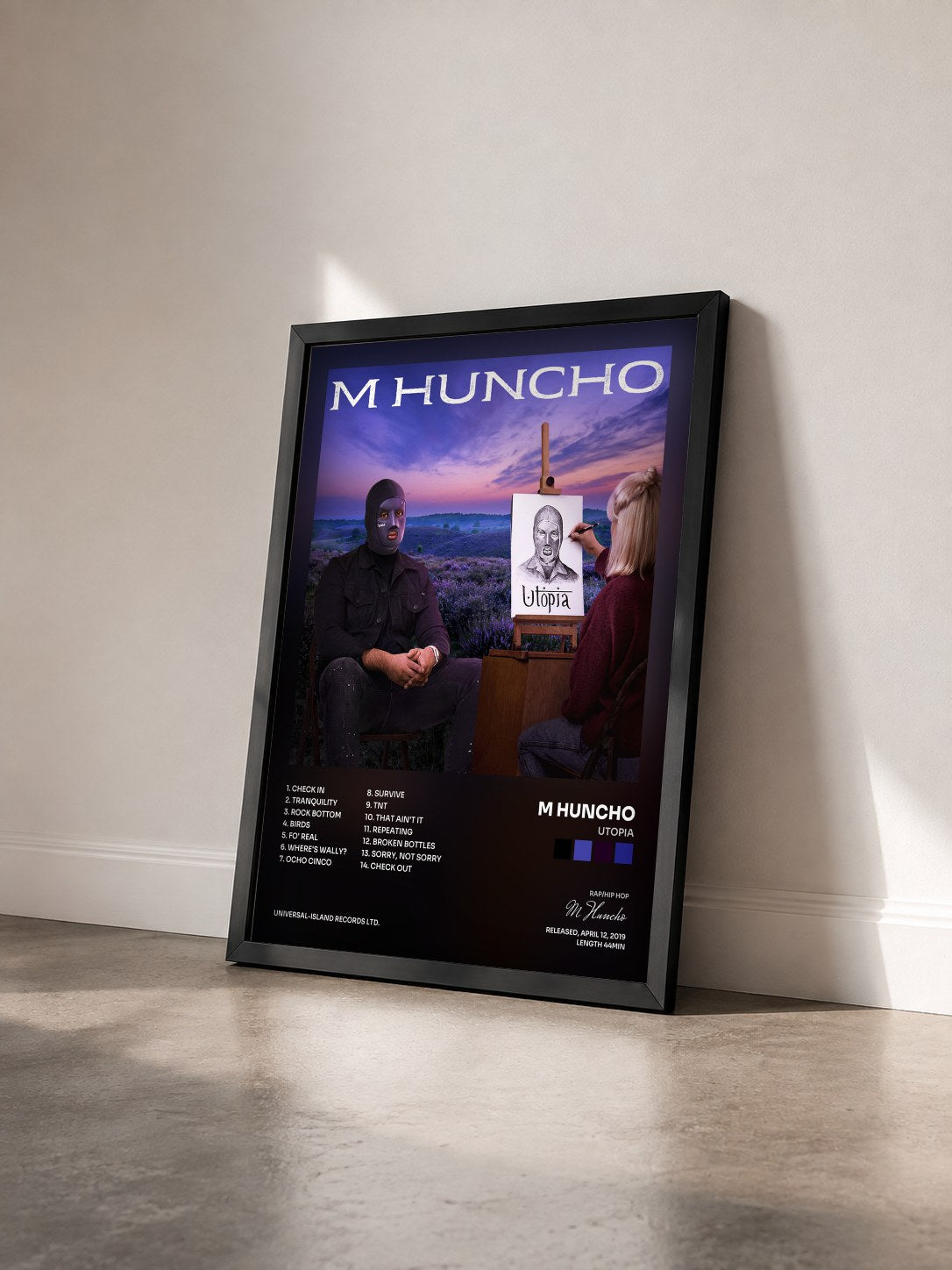 #noir Tableau de l'album Utopia de M Huncho vu de trois quarts, cadre noir