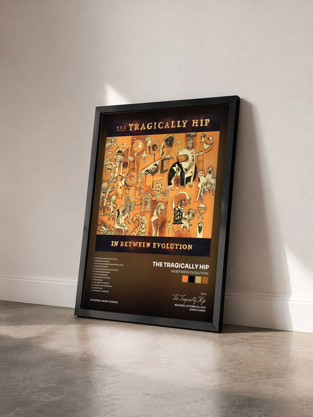 #noir Tableau de l'album In Between Evolution de The Tragically Hip vu de trois quarts, cadre noir