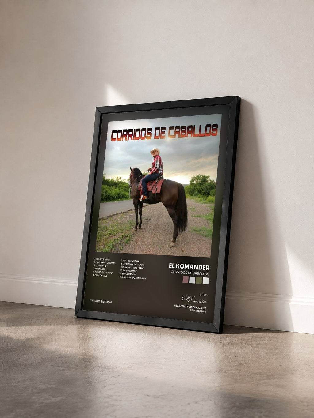 #noir Tableau de l'album Corridos De Caballos de El Komander vu de trois quarts, cadre noir