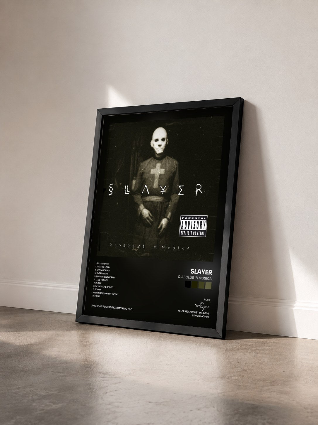 #noir Tableau de l'album Diabolus In Musica de Slayer vu de trois quarts, cadre noir