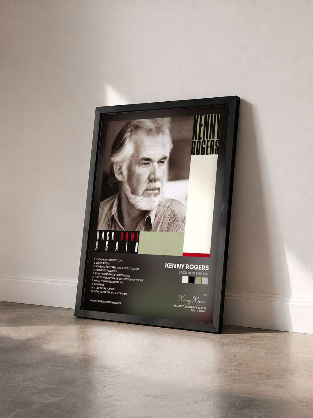 #noir Tableau de l'album Back Home Again de Kenny Rogers vu de trois quarts, cadre noir