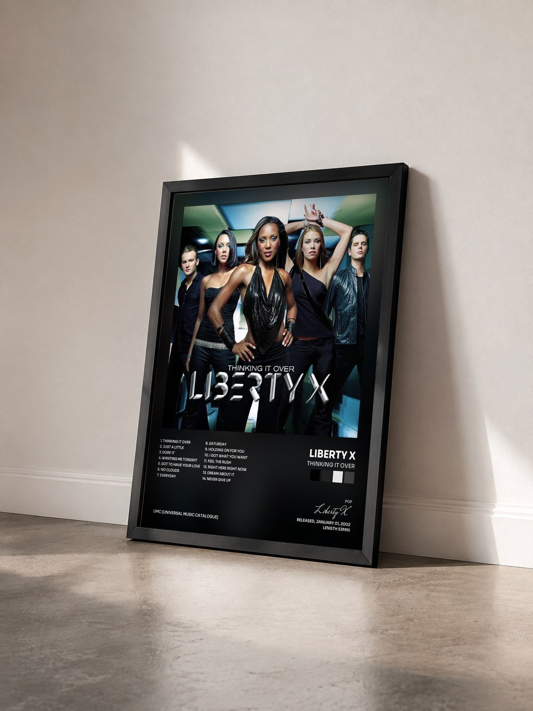 #noir Tableau de l'album Thinking It Over de Liberty X vu de trois quarts, cadre noir