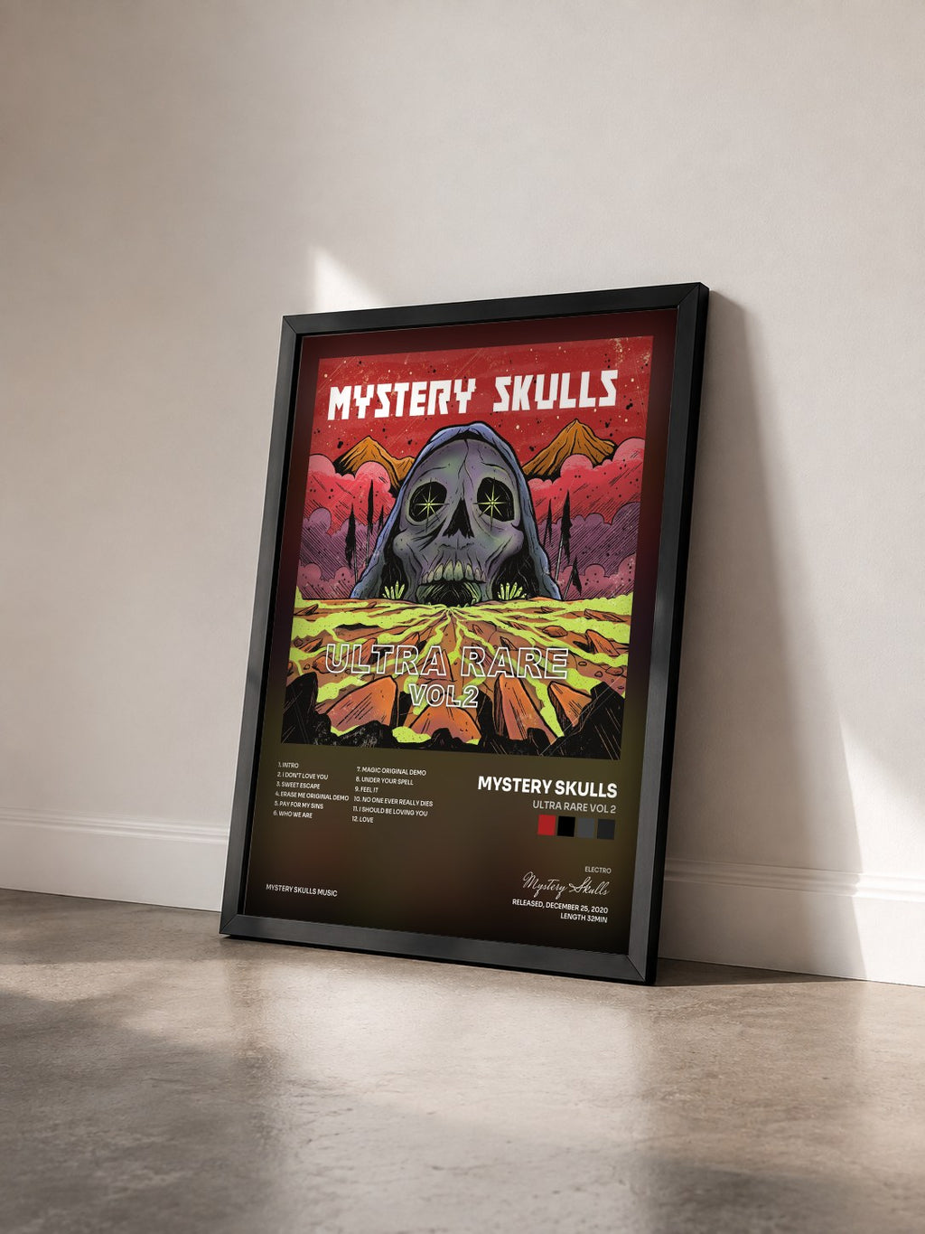 #noir Tableau de l'album Ultra Rare Vol 2 de Mystery Skulls vu de trois quarts, cadre noir