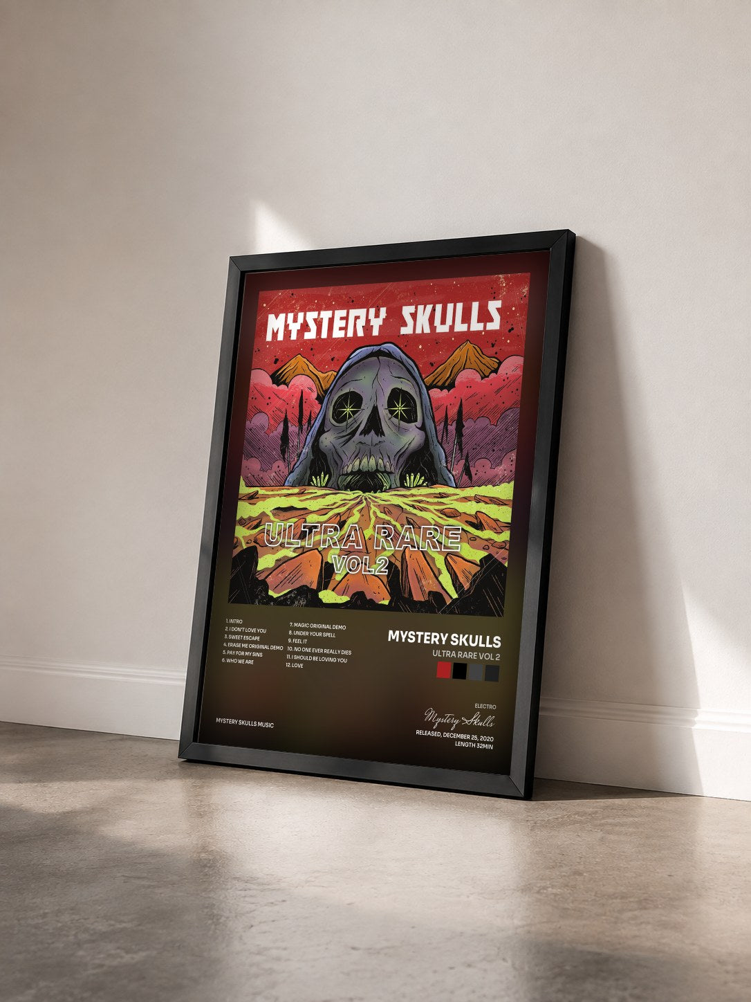 #noir Tableau de l'album Ultra Rare Vol 2 de Mystery Skulls vu de trois quarts, cadre noir