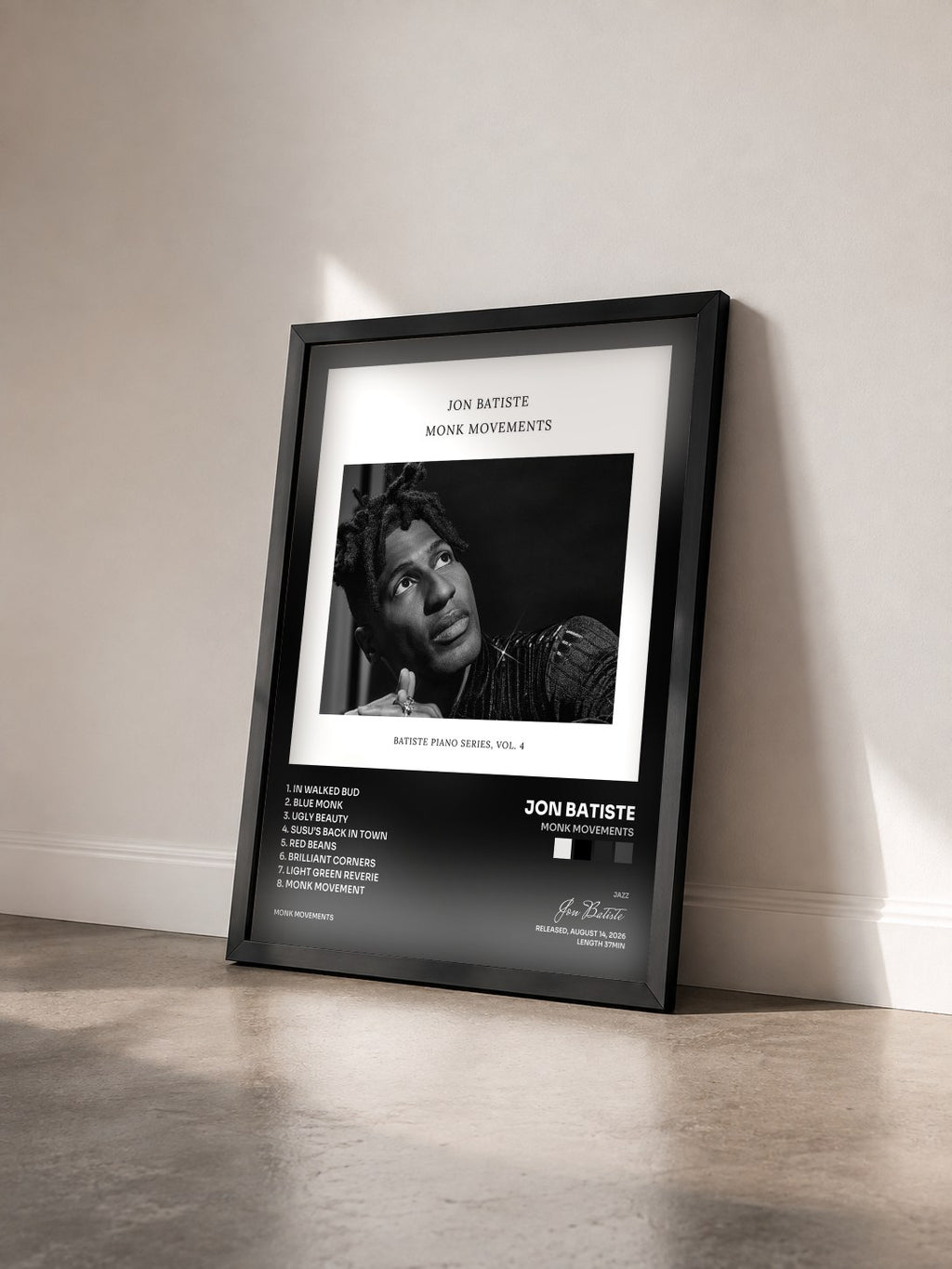 #noir Tableau de l'album Monk Movements de Jon Batiste vu de trois quarts, cadre noir