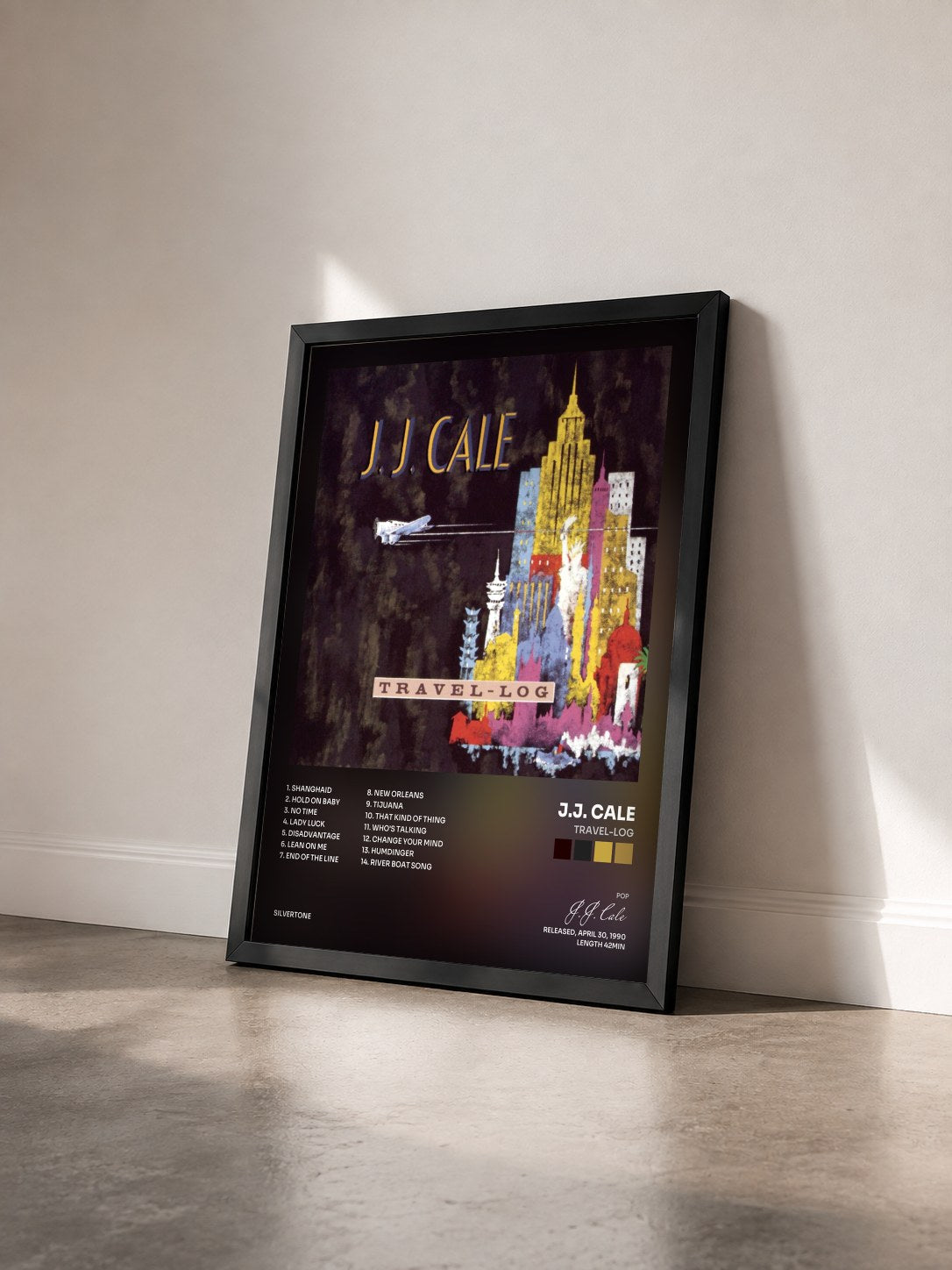 #noir Tableau de l'album Travel-Log de J.J. Cale vu de trois quarts, cadre noir